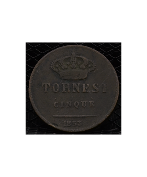 Regno 2 Sicilie-Ferdinando II: 5 Tornesi 1853 MB/BB, cifra 3 della data su 1